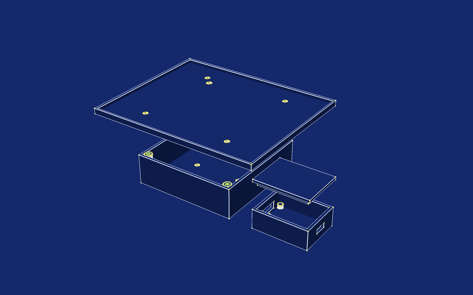 Exploded line drawing of the solar lid above the battery pod, and the core box with its lid