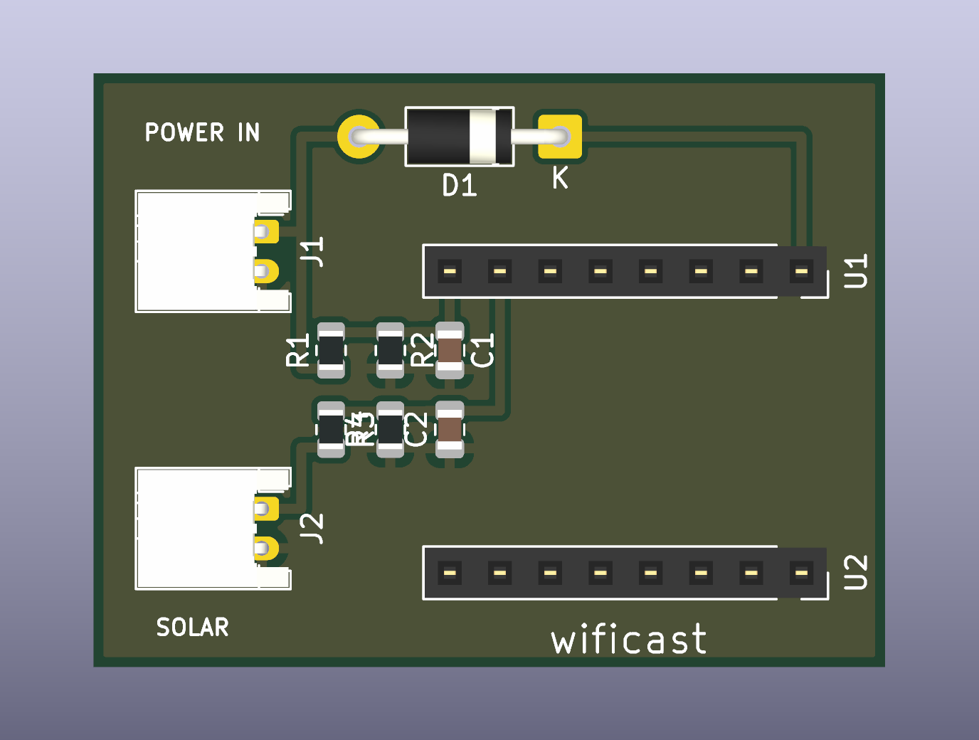 Rendered carrier PCB: two pin sockets for the ESP32-C3 module, a diode, six small passives and two JST connectors